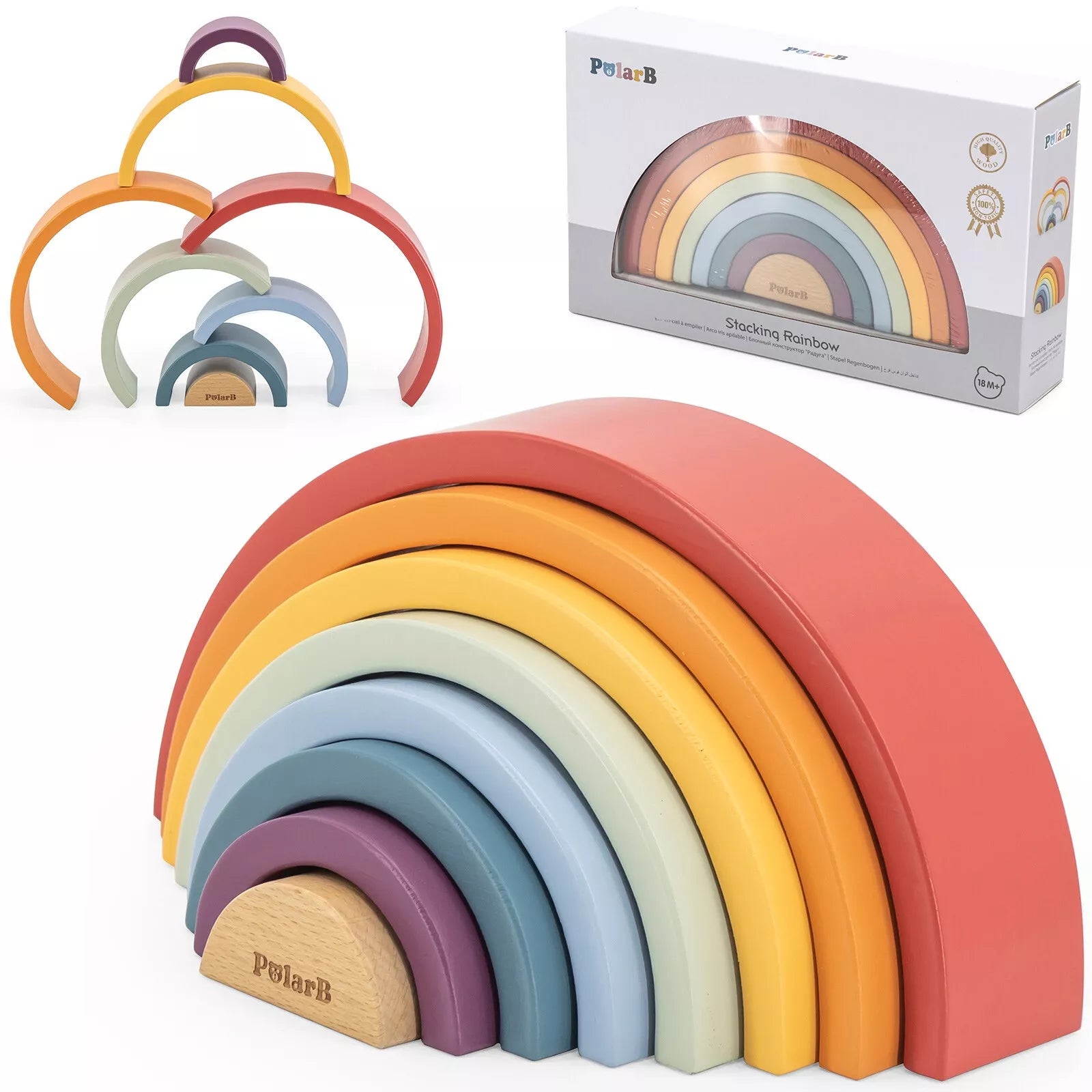 VIGA PolarB medinė vaivorykštės dėlionė – kūrybinės Montessori kaladėlės